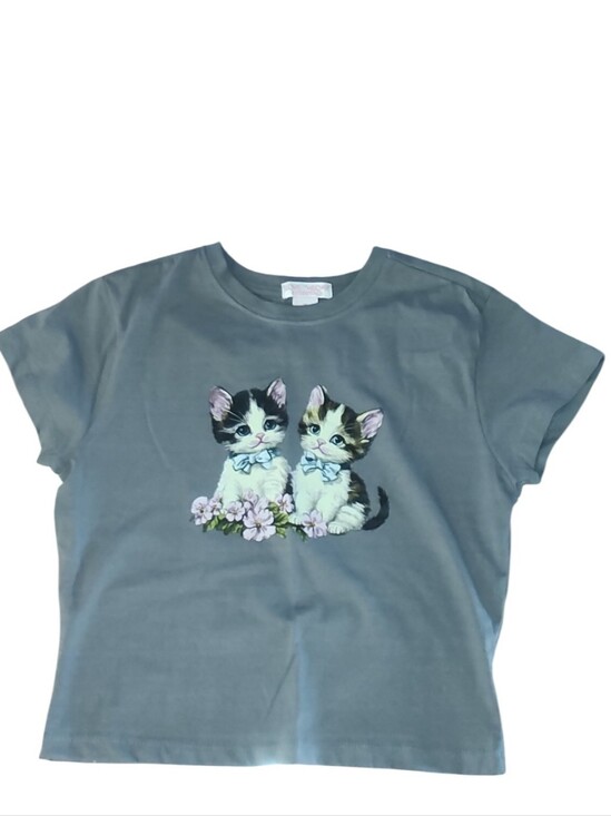 Theory Tops - Love Theory Essentials Gray Cute  Kitten Graphic Cropped Tee Baby Tee Y2K Size M